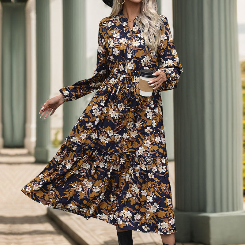 Women Long-Sleeved Midi Dress with Tie Belt, Tiered Hem and Side Slit Chichicherry