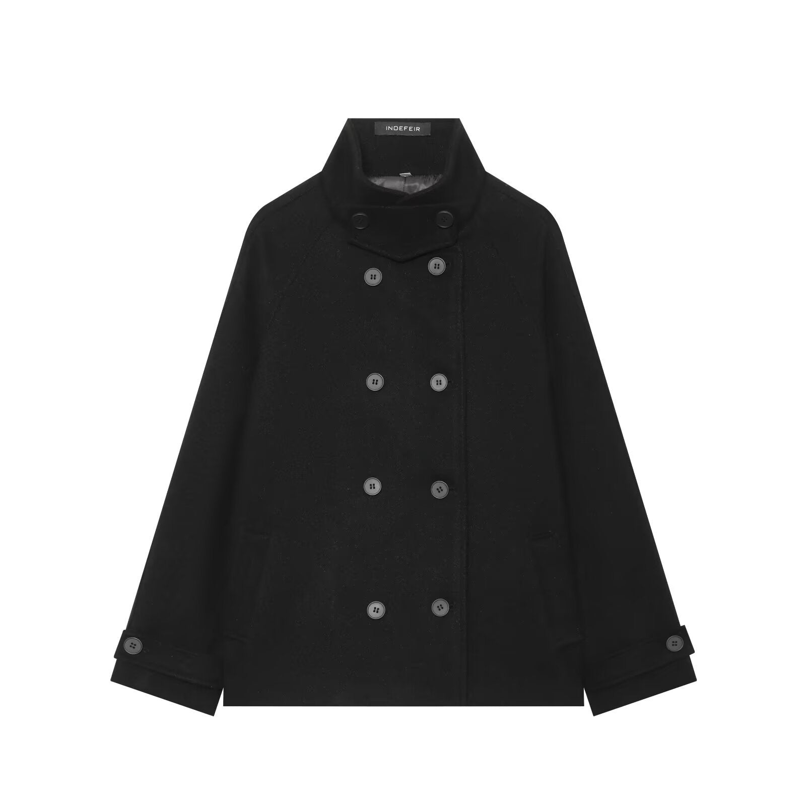 Women's Short Double-Breasted Wool Blend Cape Coat with High Stand Collar Chichicherry