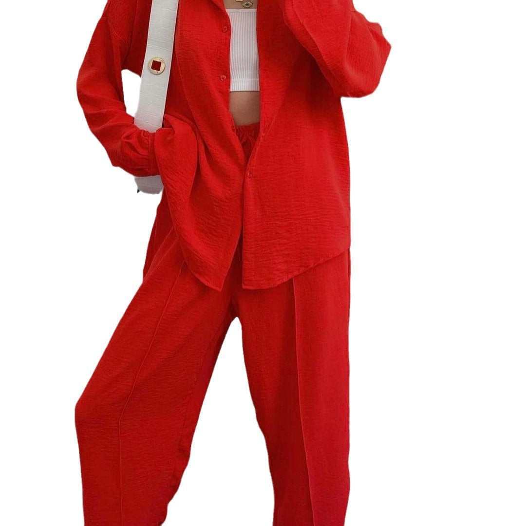 Damen Lässiges zweiteiliges Lounge-Set aus Crêpe mit Oversize-Hemd und hohem Elastikbund Chichicherry