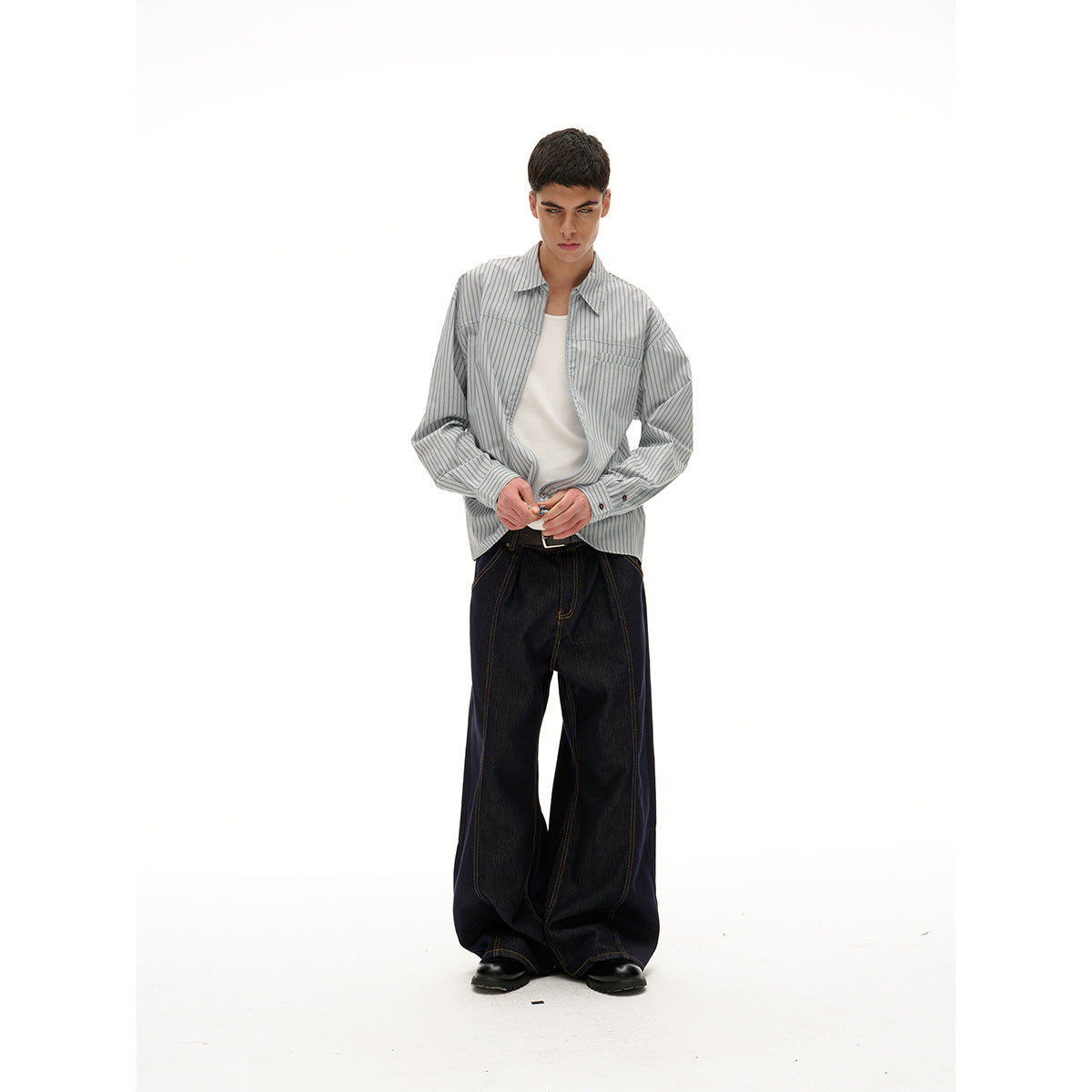 Unisex Lightweight Striped Shirt Jacket with Continuous Zipper and Chest Piped Pocket Chichicherry