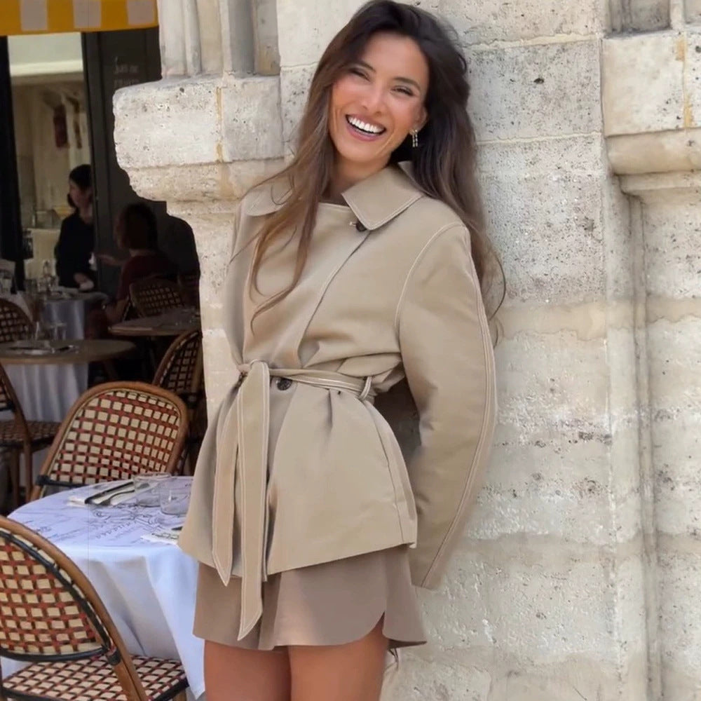 Women Tailored Short Jacket with Belt and Dropped Sleeves Chichicherry