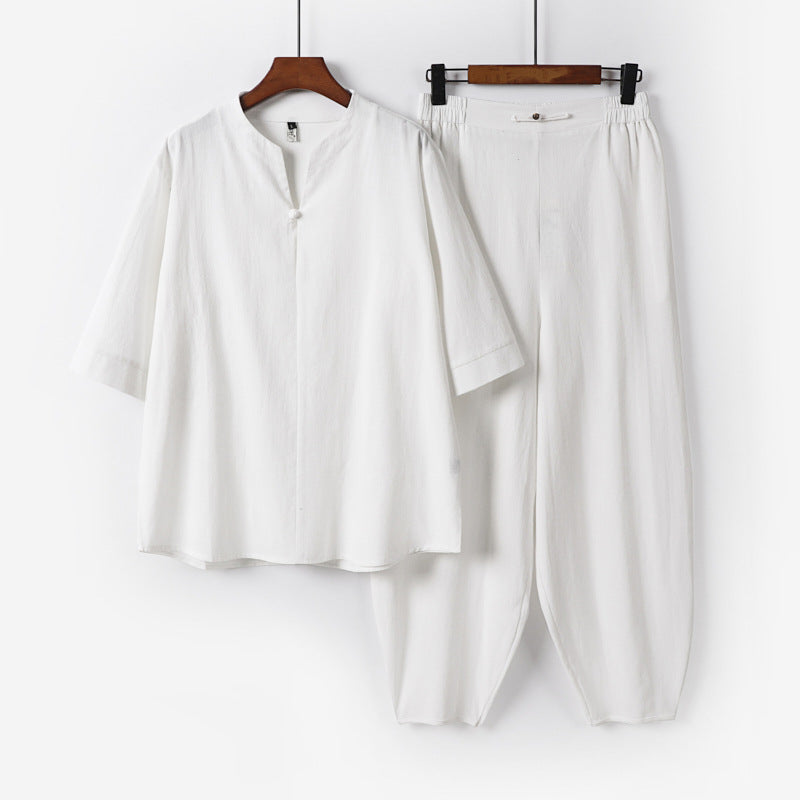 Men's Two-Piece Lightweight Linen-Cotton Set with Mandarin Collar and Elastic Waist Pants Chichicherry