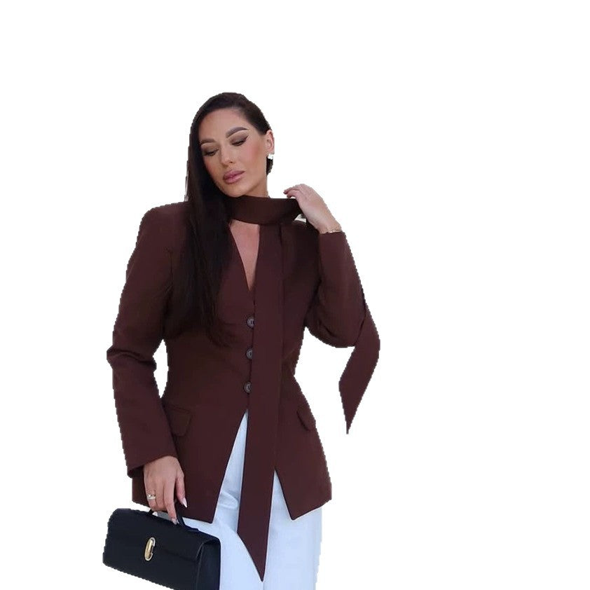 Women's Elegant Tailored Blazer-Pants Set with Integrated Scarf and V-Neck Chichicherry