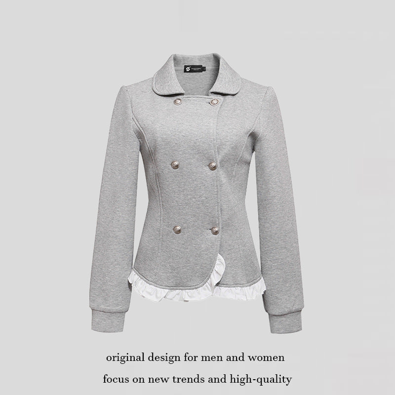 Ladies Tailored Sweat Jacket in Peplum Style with Double Row and Ruffle Trim Chichicherry