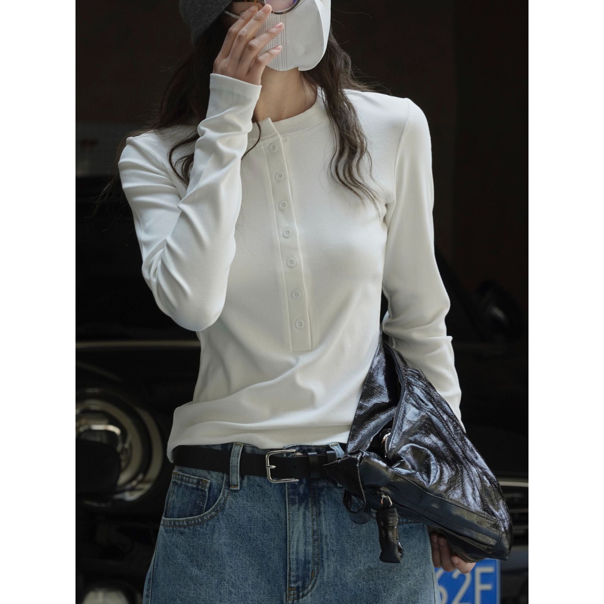 Women's Long Sleeve Henley Shirt with Button Placket and Slim Fit Chichicherry