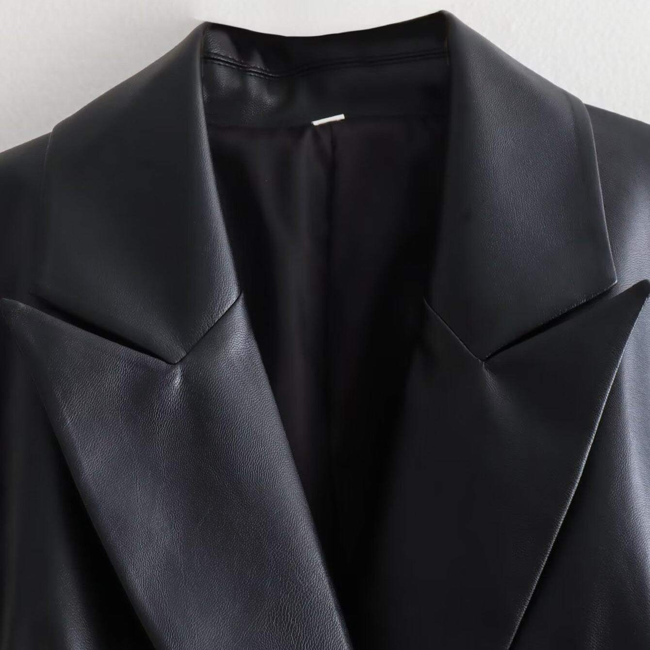 Women's Double-Breasted Faux Leather Blazer with Gold Decorative Buttons and Flap Pockets Chichicherry
