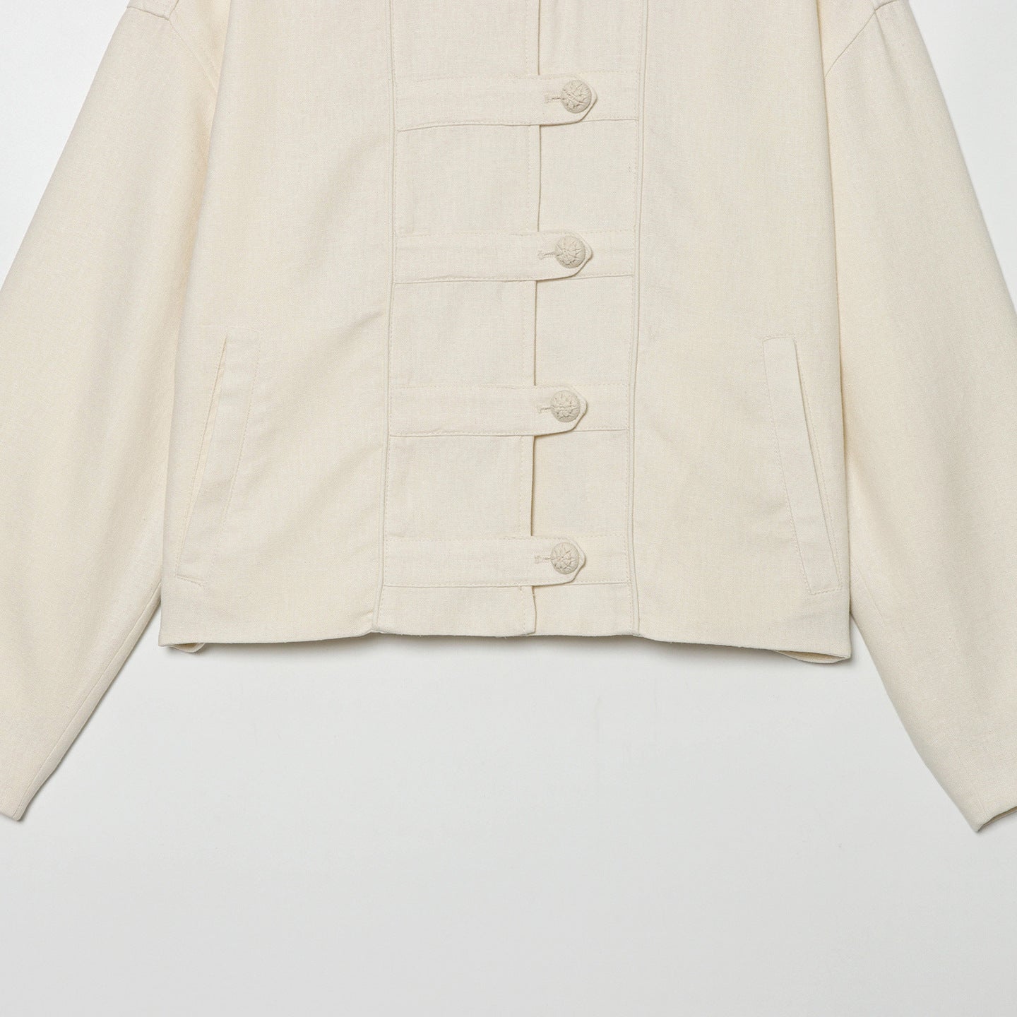 Women's Cropped Jacket with Stand-up Collar and Decorative Knot Buttons Chichicherry