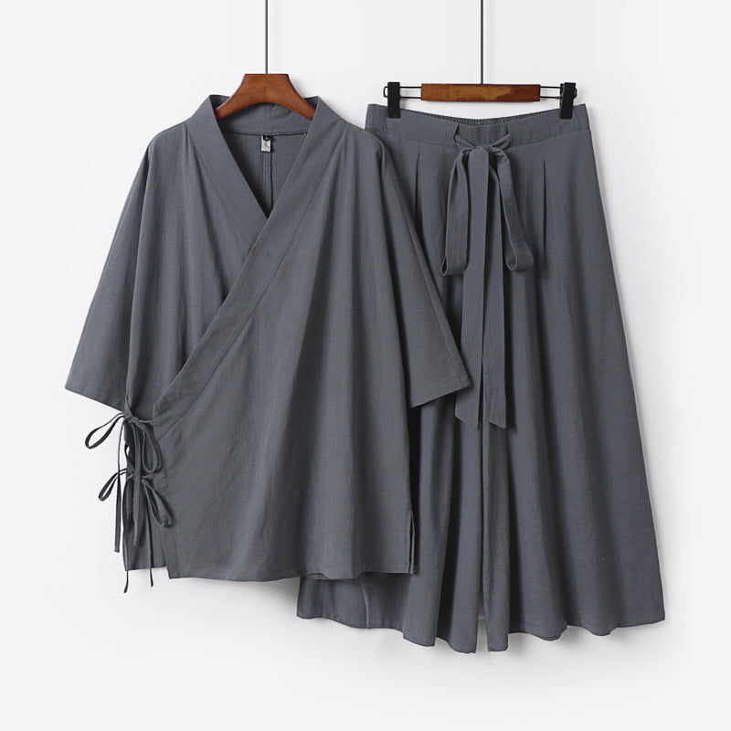 Women's Kimono Loungewear Set made of light viscose with wrap top and wide culotte skirt Chichicherry