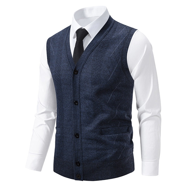 Men's Tailored Fine Knit Vest with V-Neck, Button Placket, and Side Pockets Chichicherry