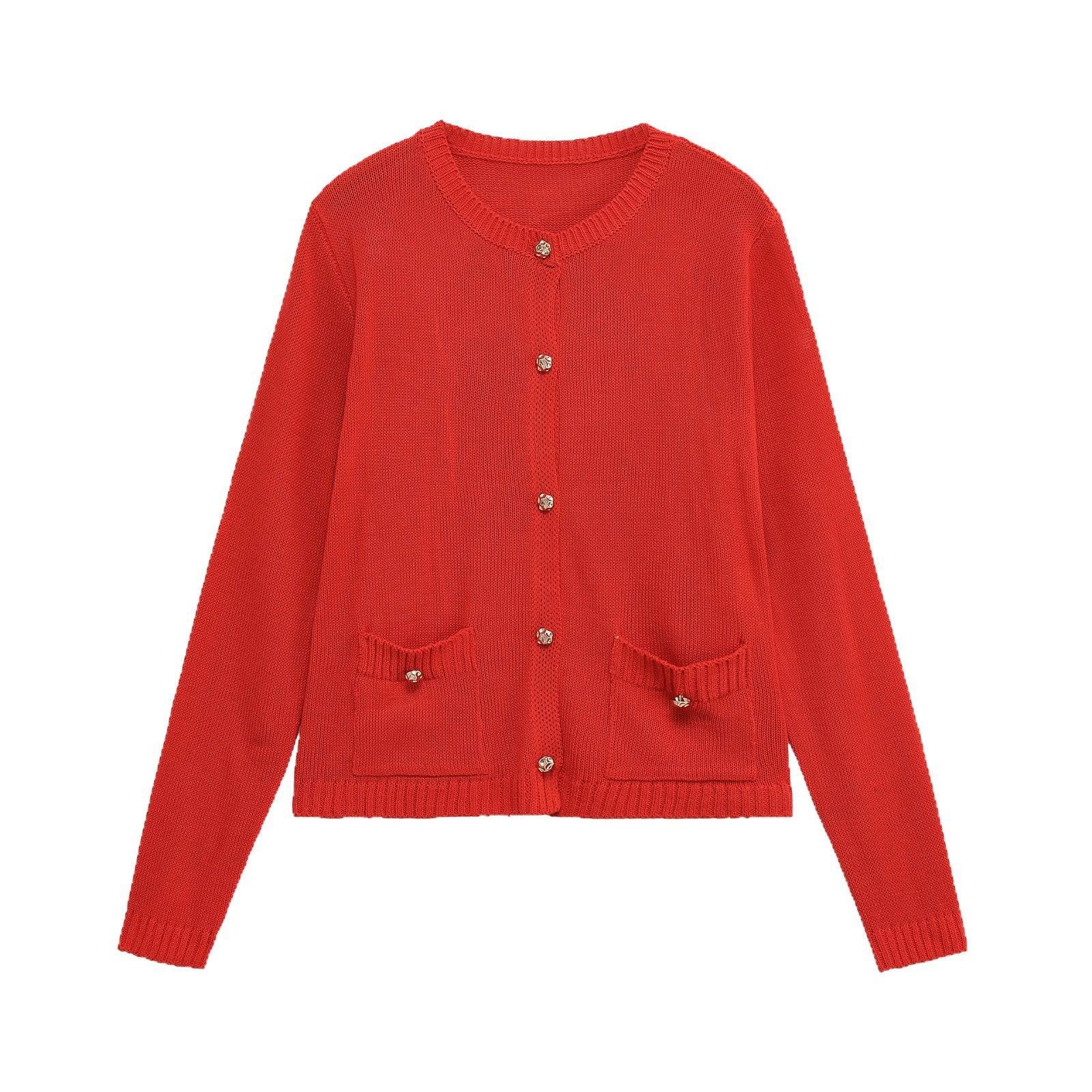 Women Fine Knit Cardigan with Decorative Buttons, Round Neckline and Patch Pockets Chichicherry
