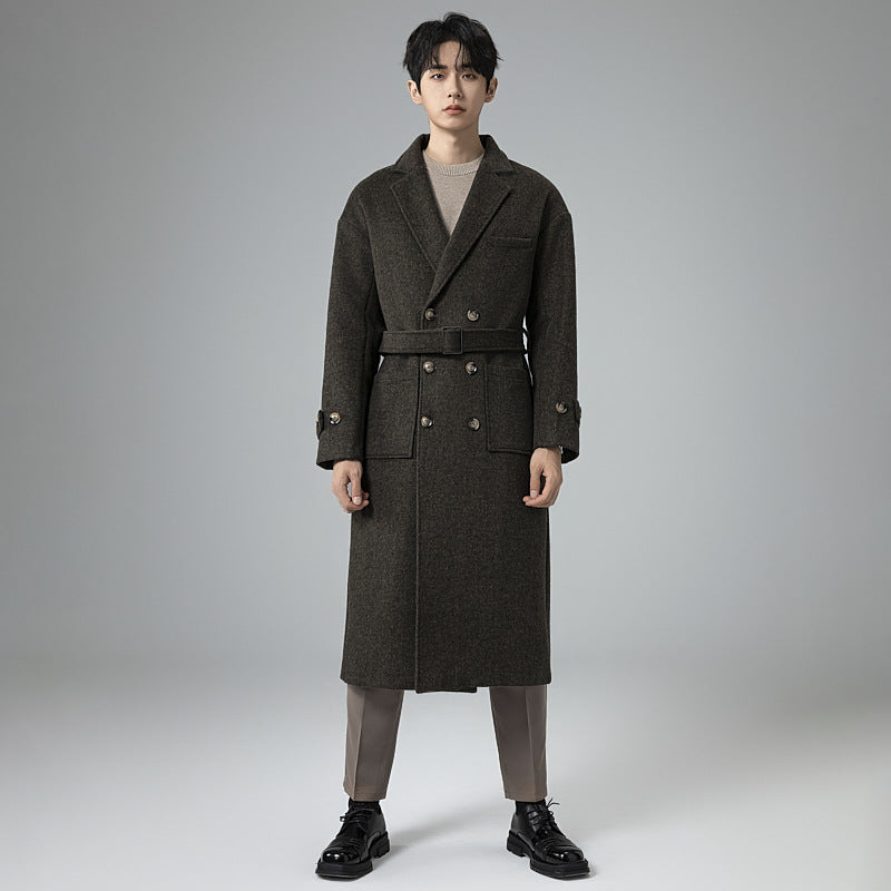 Men's Maxi Length Wool Blend Coat in Tweed Look with Oversized Cut, Double Breasted and Belted Chichicherry