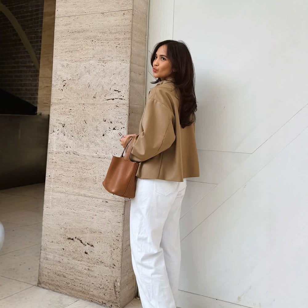 Women's short A-line coat jacket with stand-up collar and asymmetrical button placket Chichicherry