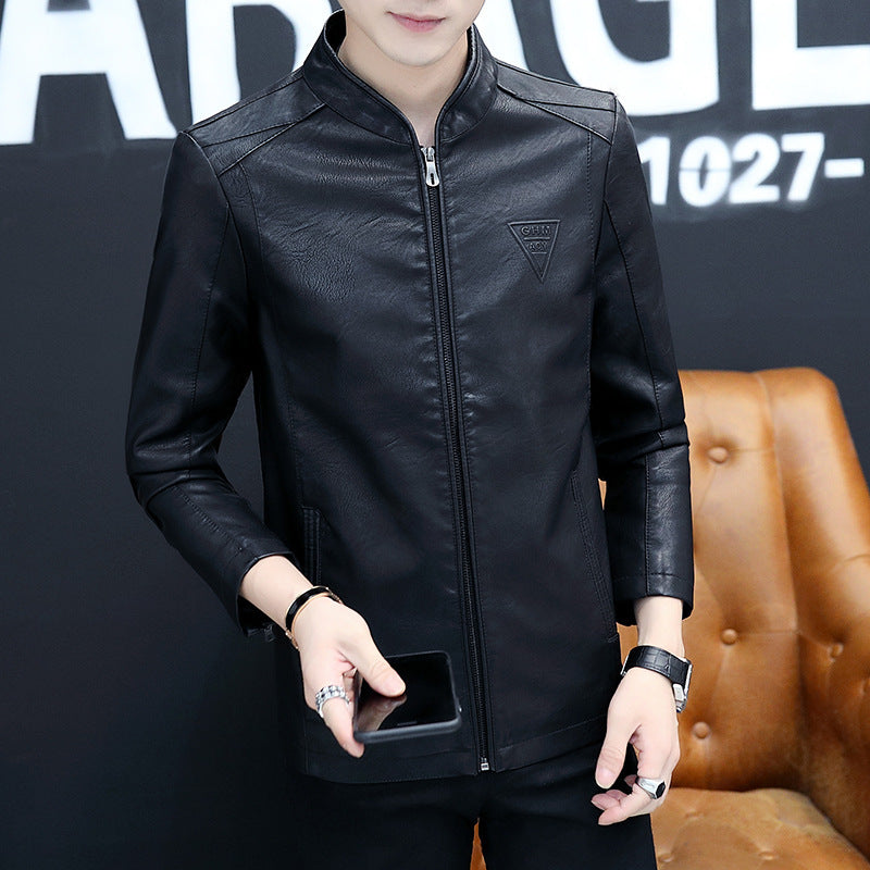 Men's Slim-Fit Faux Leather Blouson in Aviator Style with Stand Collar Chichicherry