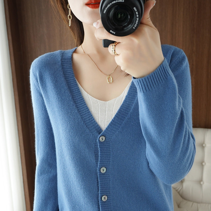 Women Light V-Neck Cardigan made of Cashmere Blend with Fine Ribbed Edge Chichicherry