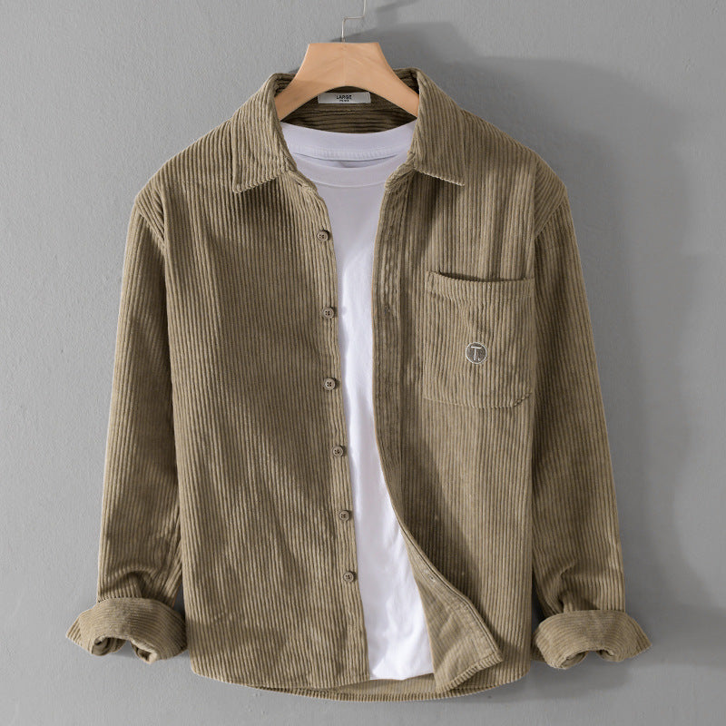 Men's fine corduroy overshirt with soft touch, side elongated hem and chest pocket Chichicherry