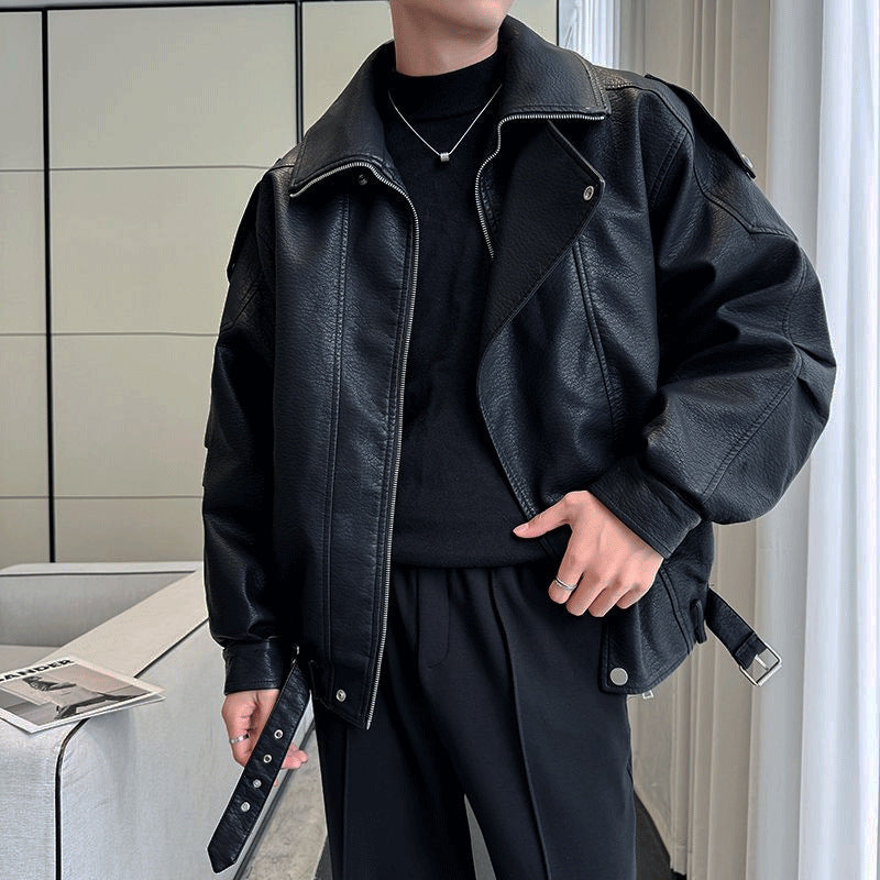 Herren Oversized Lederjacke mit weitem asymmetrischen Revers und Taillengürtel Chichicherry