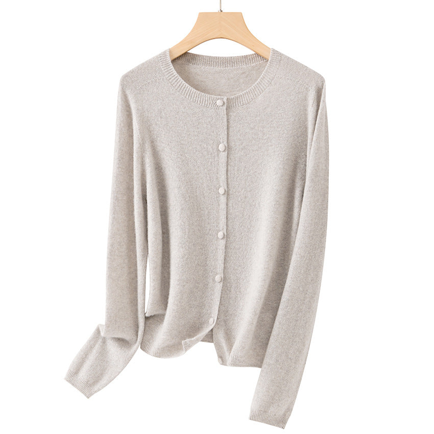 Women Fine Round Neck Cardigan with Button Placket and Light Fleece Chichicherry