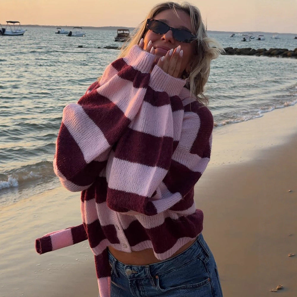 Women's Oversized Knit Cardigan Set with Block Stripes, Button Placket and Matching Scarf Chichicherry