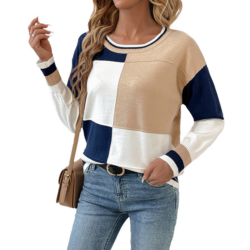 Women's fine knit sweater with large checked pattern, round neckline and elastic cuffs Chichicherry