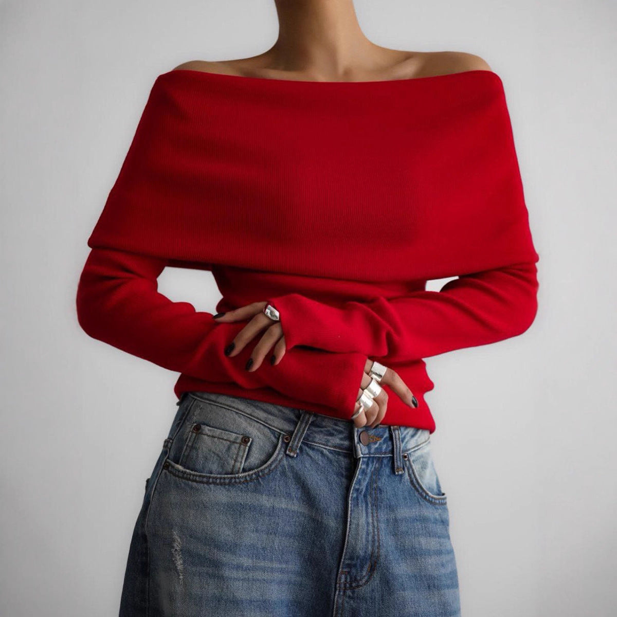 Women's off-the-shoulder fine knit sweater with foldable Carmen collar Chichicherry