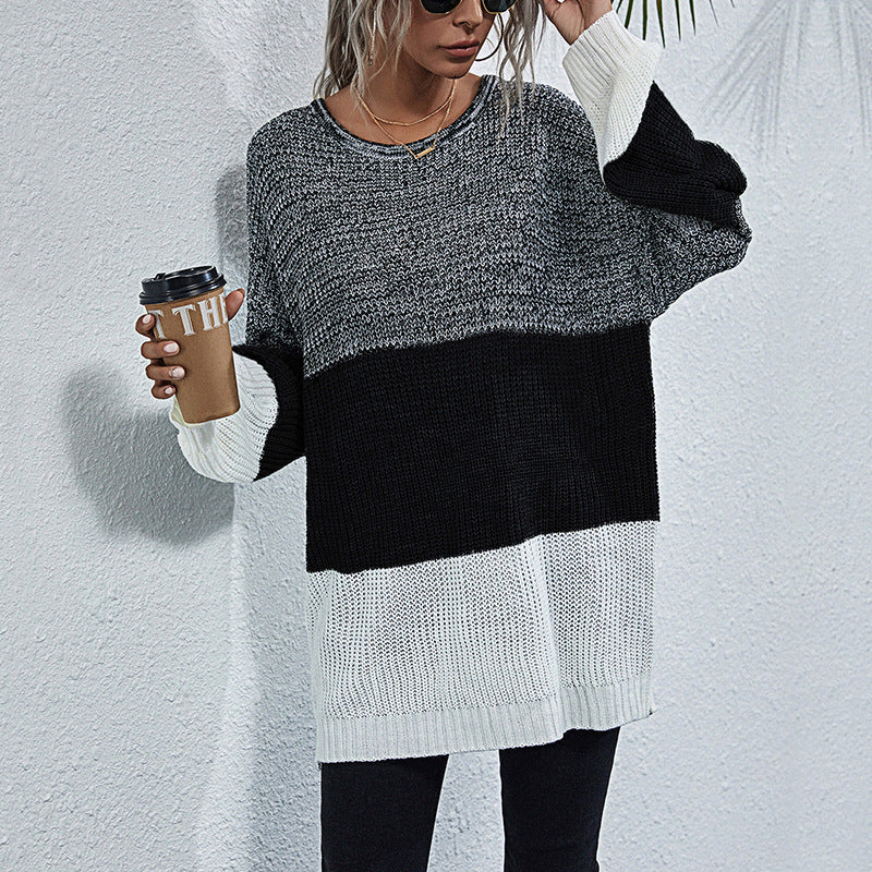 Women Oversize Knit Sweater with Colorblock Inserts, Round Neck and Tunic Silhouette Chichicherry