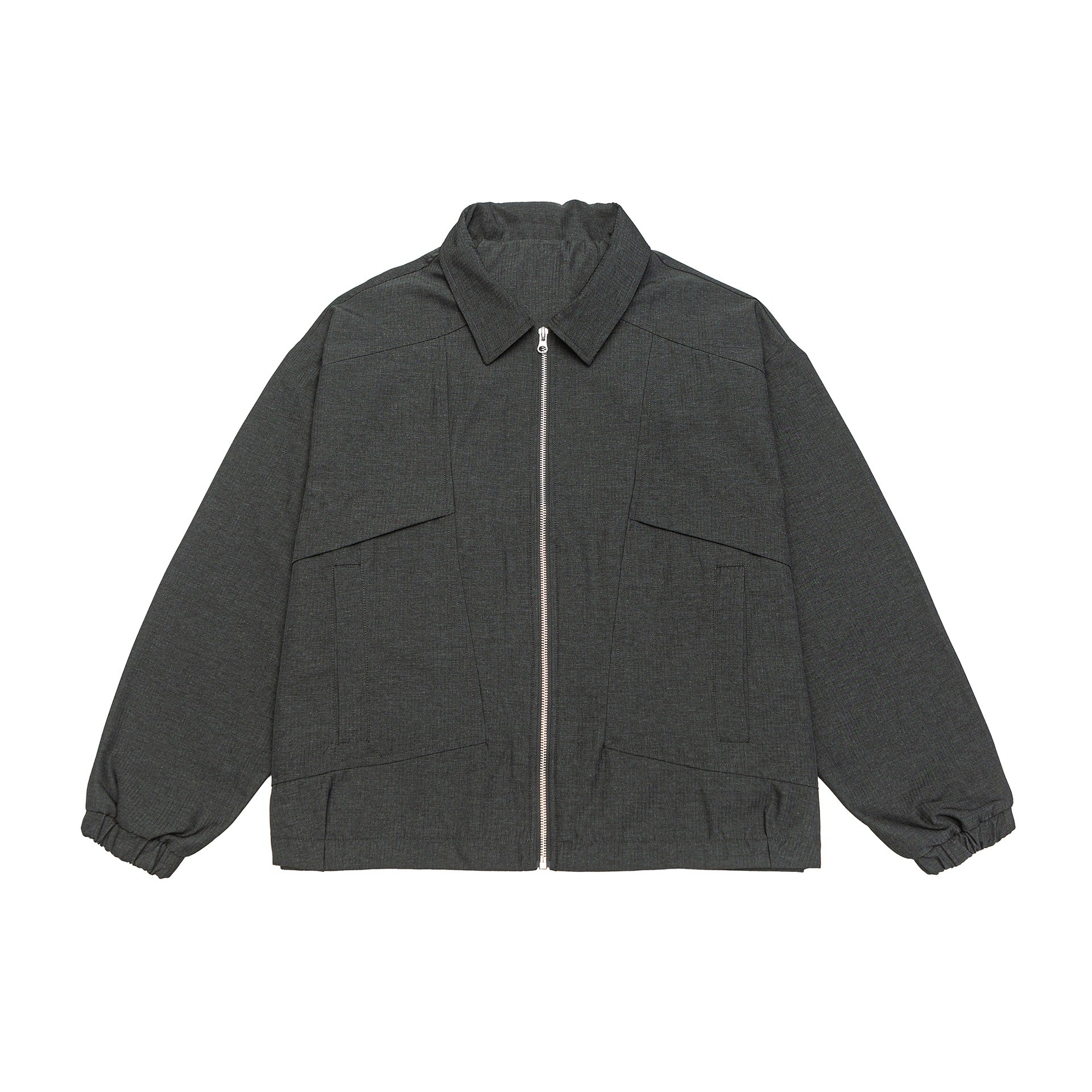 Unisex short jacket in boxy cut with shirt collar, visible metal zipper and utility patch pockets Chichicherry