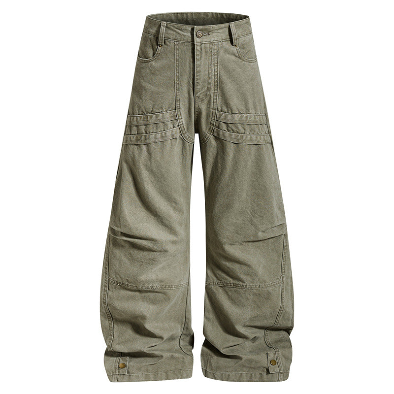 Women's Loose High-Waist Cargo Pants with Reinforced Knee Panels and Adjustable Hem Chichicherry