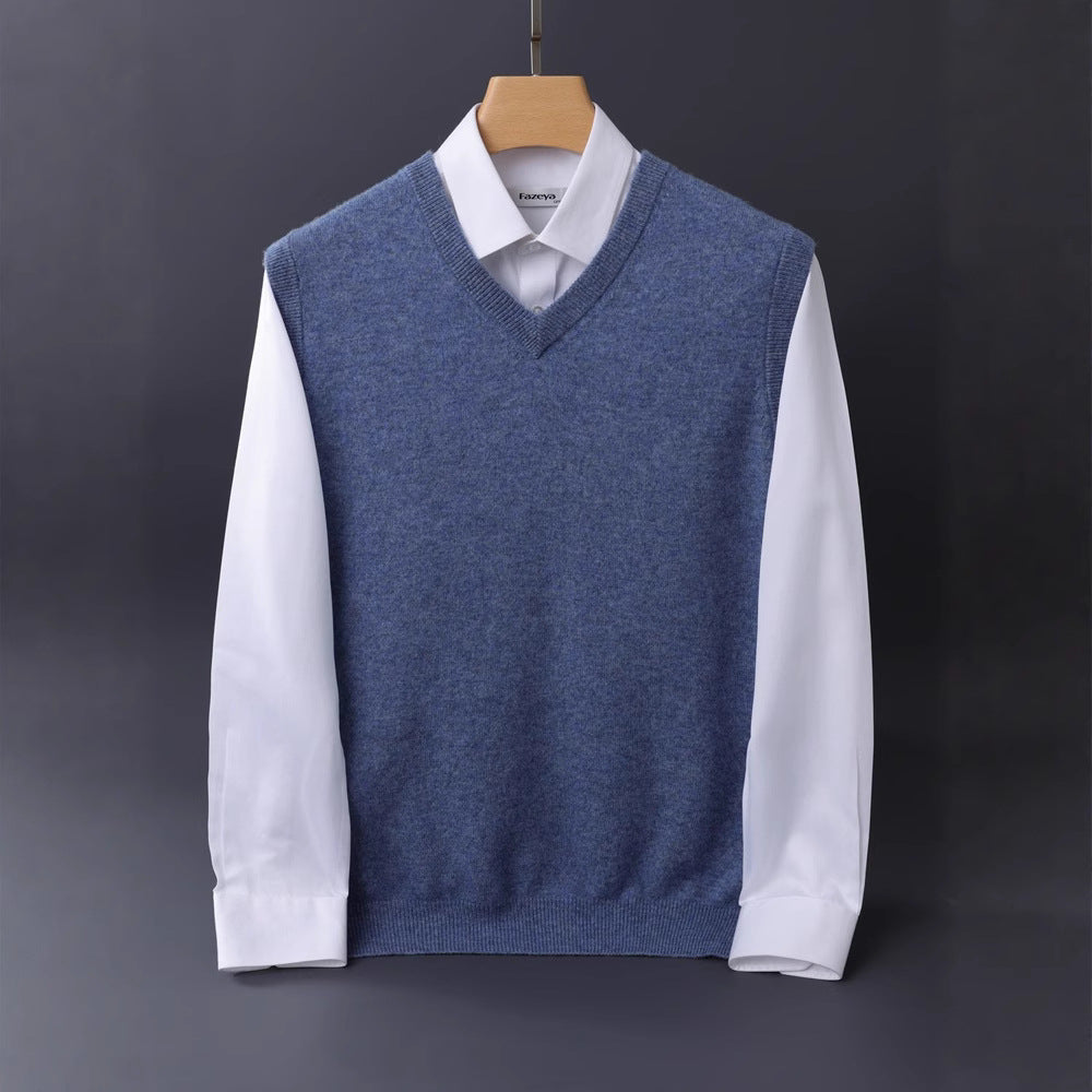 Men's Fine V-Neck Knit Vest Made of Merino Blend with Ribbed Hem Chichicherry