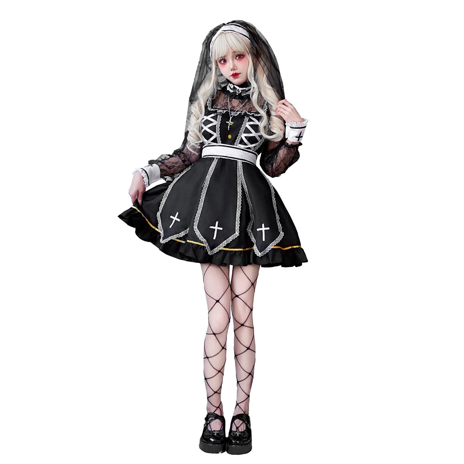 Women's Gothic Bridal Costume with Lace Sleeves and Elaborate Ruffles Chichicherry