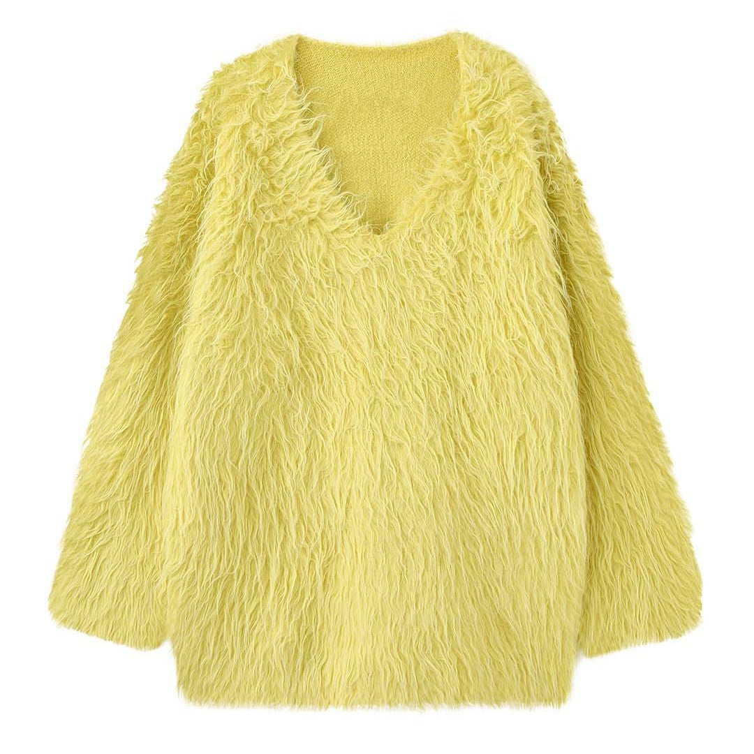 Women's Fluffy V-Neck Sweater in Shaggy Look Chichicherry