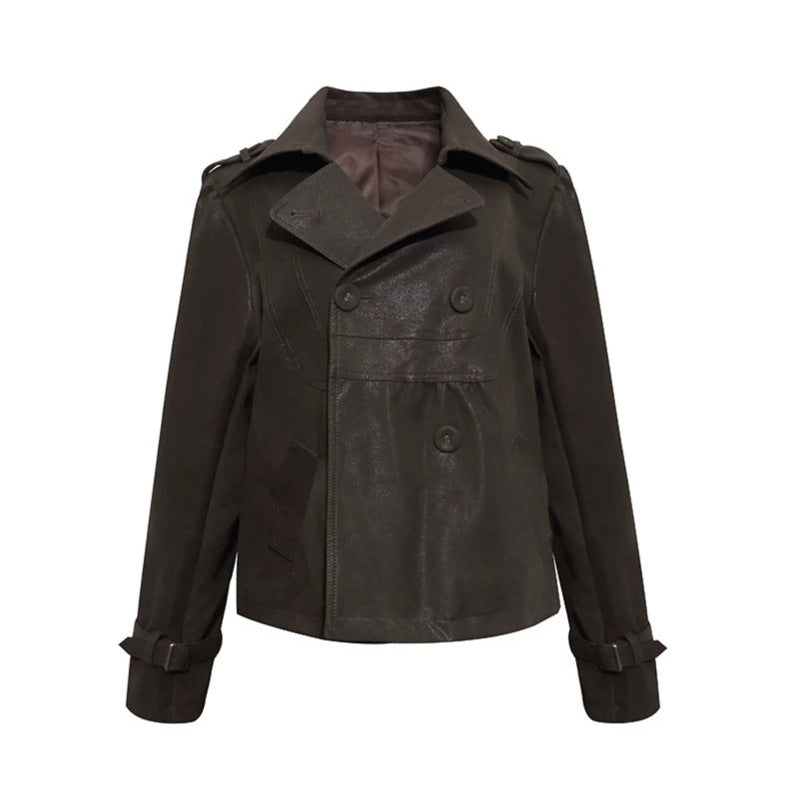 Women's Cropped Double-Breasted Leather Jacket in Trench Style with Epaulettes Chichicherry