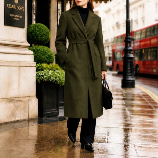 Women's Long Tailored Wool Coat with Tied Belt and Lapels Chichicherry