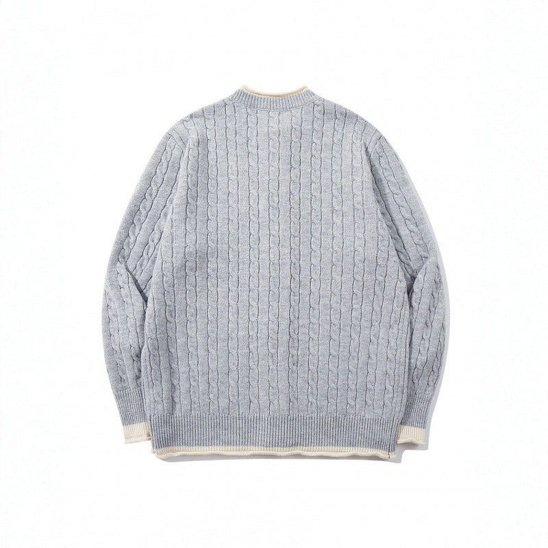 Unisex fine knit cardigan with cable pattern, round neck and contrast trim Chichicherry