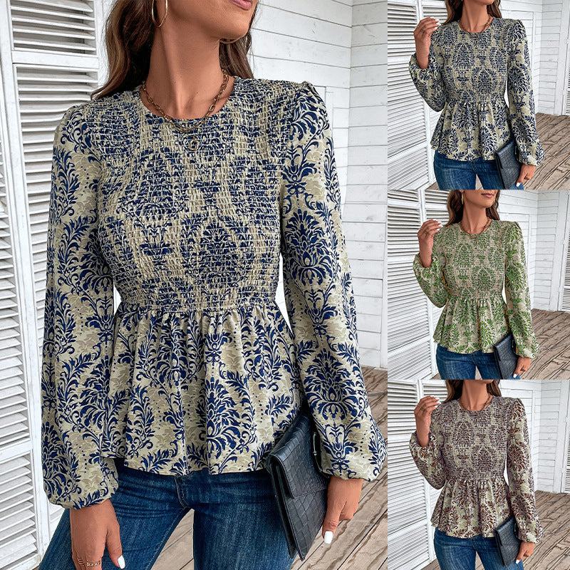 Women's smock blouse with gathering, balloon sleeves, and ornament print Chichicherry