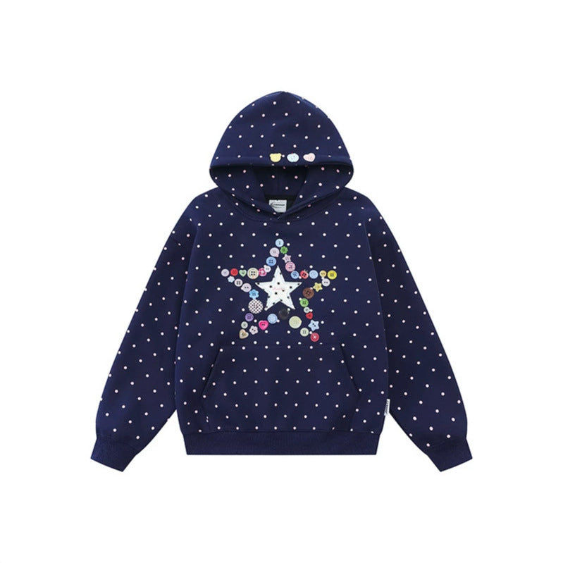 Women's hoodie with button star appliqué, allover polka dot and kangaroo pocket Chichicherry