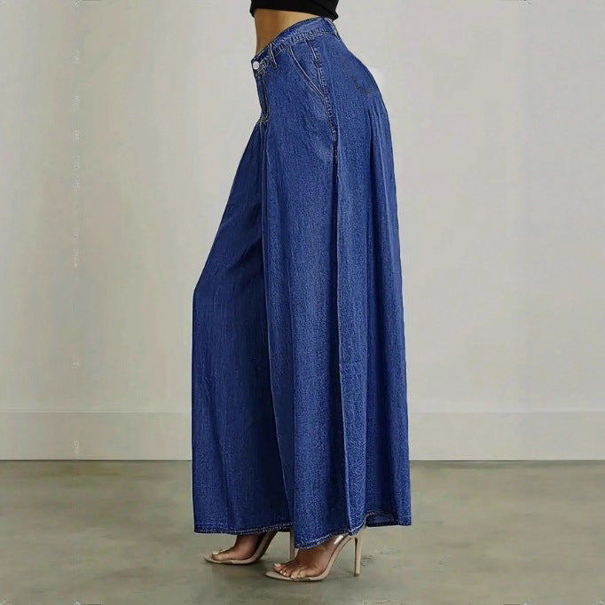 Women Extra Wide High-Waist Denim Palazzo Pants with Flowing A-Line Fall Chichicherry