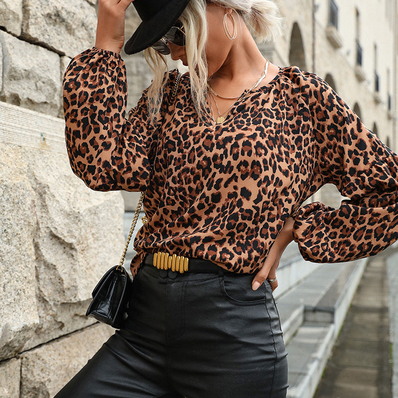 Women's leopard print blouse with V-neck, balloon sleeves, and loose fit Chichicherry
