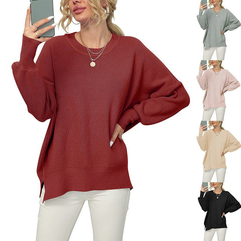 Women's Oversized Fine Knit Sweater with Round Neck, Dropped Shoulder and Side Slits Chichicherry