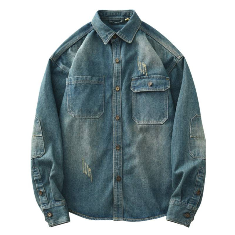 Herren Denim-Hemdjacke im Used-Look mit aufgesetzten Brusttaschen und Knopfleiste Chichicherry