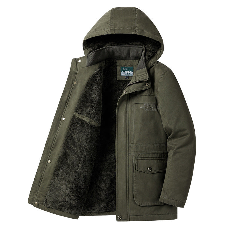 Men's quilted winter parka with teddy lining, hood, and durable canvas outer shell