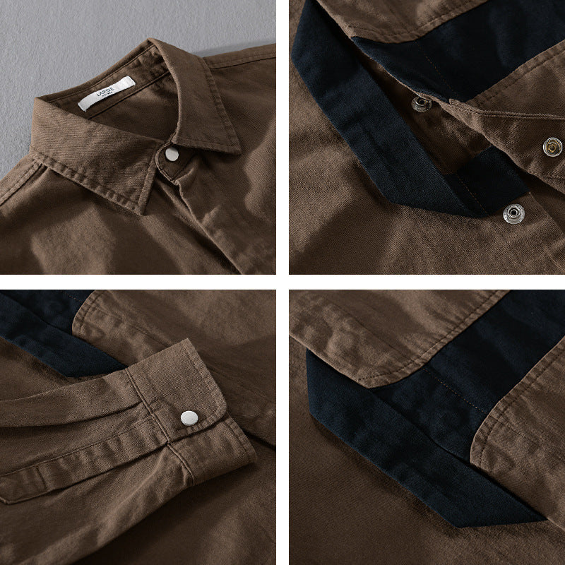 Men's Casual Overshirt Shirt with Geometric Contrast Stripe and Snap Placket Chichicherry