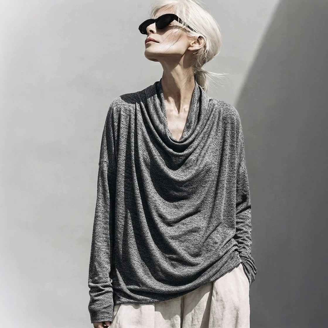 Women's Draped Oversized Long Sleeve Shirt with Waterfall Collar Chichicherry