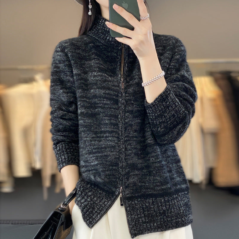 Women’s zippered cardigan with mottled texture and stand-up collar Chichicherry