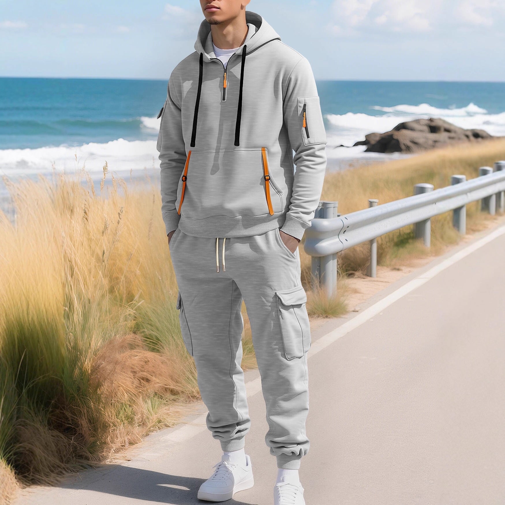 Men's hooded sweatshirt with utility pockets, half-zip and contrasting zippers Chichicherry