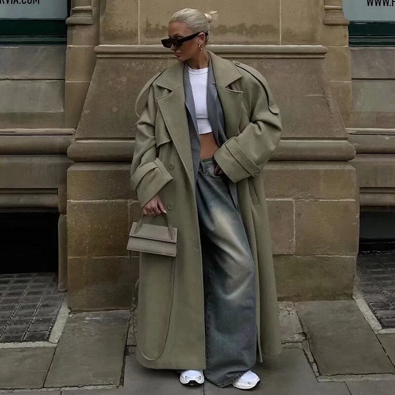 Women Long Trench Coat with Belt, Double-Breasted Button Placket and Epaulets Chichicherry
