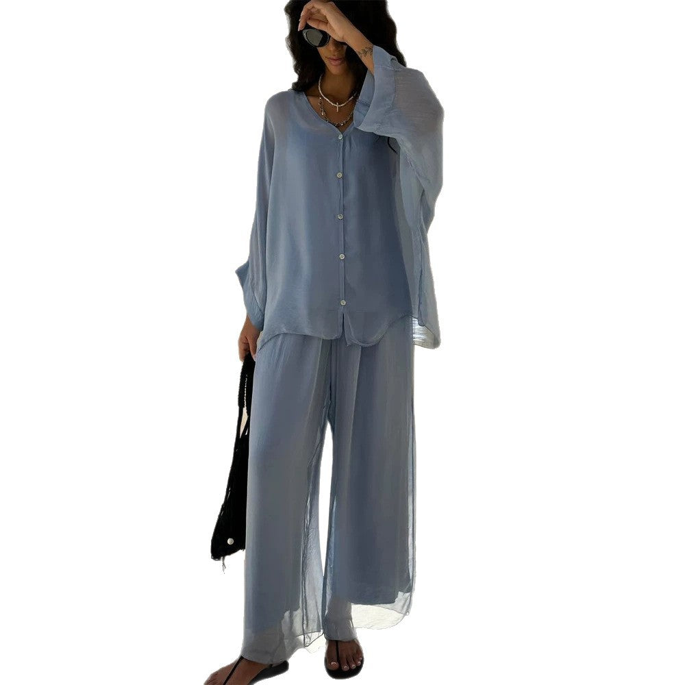 Women's Three-Piece Loungewear Set made of light viscose with oversized blouse, top and wide palazzo pants Chichicherry
