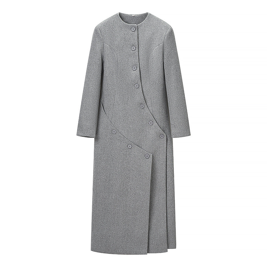 Women Long tailored wool mix coat with round neckline and asymmetric button placket Chichicherry