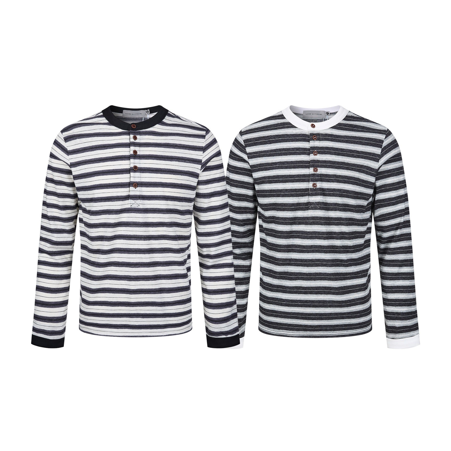 Men's long sleeve Henley shirt with striped texture and contrast collar Chichicherry