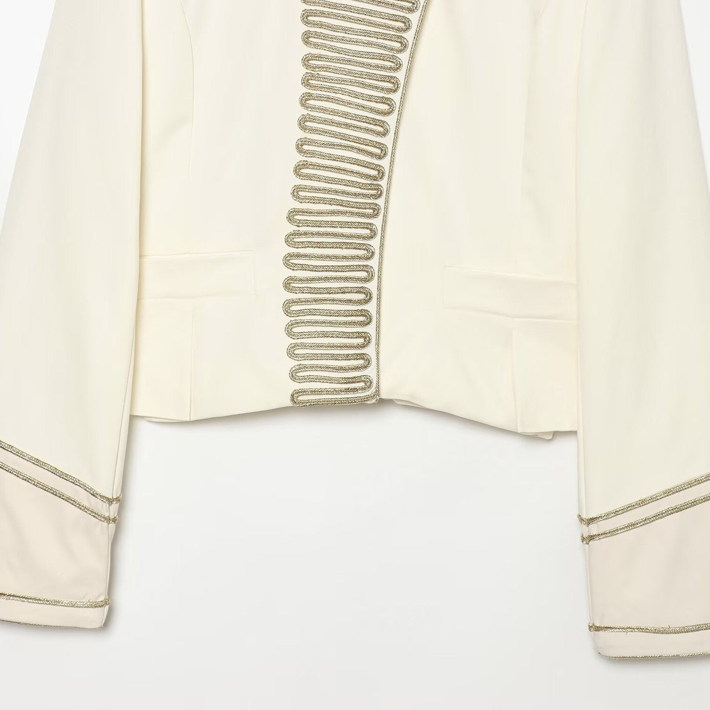 Women's Military Style Short Blazer with Decorative Trim and Stand-Up Collar Chichicherry