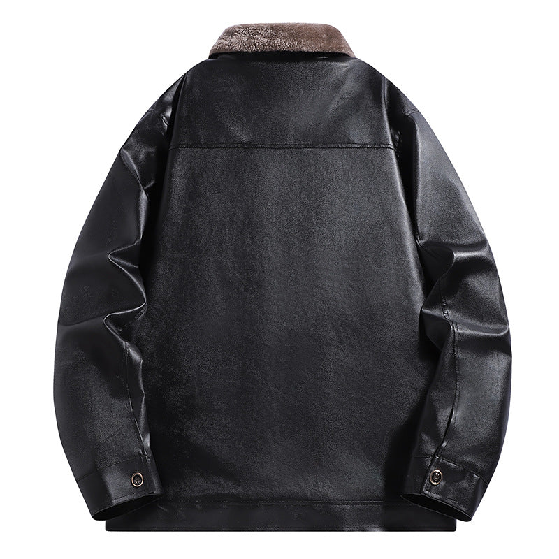 Men's Faux Leather Flight Jacket with Teddy Lining and Quilted Shoulder Area Chichicherry
